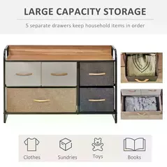 HOMCOM 5-Drawer Dresser, Linen Fabric Chest of Drawers, Dresser Tower Unit for Bedroom Hallway Entryway, Storage Organizer with Steel Frame Wooden Top - 5