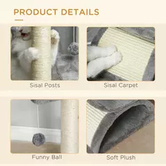 PawHut Cat Tree, Cat Tower for Kittens with Rotatable Top Bar, Sisal Scratching Post, Tunnel, Dangling Balls - Grey - 6