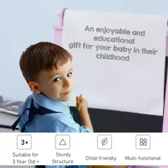 HOMCOM Kids Easel 3 in 1 Wooden Art Easel with Paper Roll Double-Sided Chalkboard & Whiteboard with Storage Baskets for Toddler Girls, Pink - 7