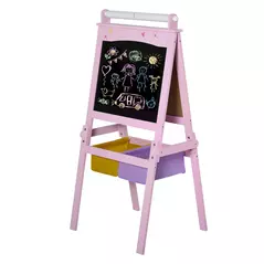 HOMCOM Kids Easel 3 in 1 Wooden Art Easel with Paper Roll Double-Sided Chalkboard & Whiteboard with Storage Baskets for Toddler Girls, Pink - 1