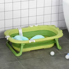 HOMCOM Baby Bath Tub for Toddler Kids Infant Ergonomic Foldable Secure Non-Slip Portable with Baby Cushion for 0-3 Years Green - 2