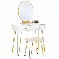 HOMCOM Dressing Table with LED Mirror and Cushioned Stool, Vanity Desk with Acrylic Lipstick Holder and 2 Drawers, Makeup Table for Bedroom, White - 2