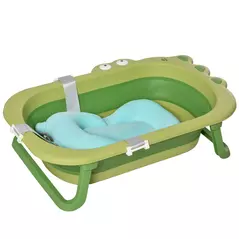HOMCOM Baby Bath Tub for Toddler Kids Infant Ergonomic Foldable Secure Non-Slip Portable with Baby Cushion for 0-3 Years Green - 1