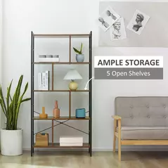 HOMCOM Industrial Storage Unit, 5 Tiers Bookcase with Open Compartments for Office Living Room, Bedroom, Rustic Brown and Black - 4
