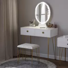 HOMCOM Dressing Table with LED Mirror and Cushioned Stool, Vanity Desk with Acrylic Lipstick Holder and 2 Drawers, Makeup Table for Bedroom, White - 1