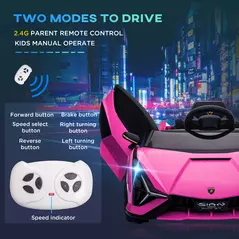 HOMCOM Lamborghini Sian Licensed 12V Electric Car for Kids 2 Motors Toy Car with Remote Control Music Lights MP3 for 3-5 Years Pink - 7