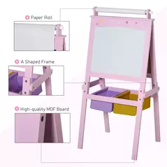 HOMCOM Kids Easel 3 in 1 Wooden Art Easel with Paper Roll Double-Sided Chalkboard & Whiteboard with Storage Baskets for Toddler Girls, Pink - 6