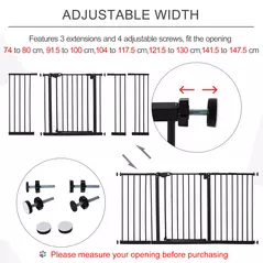 PawHut Adjustable Safety Gate w/ Three Extensions, Four Adjustable Screws, Black - 7