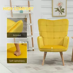 HOMCOM Modern Accent Chair, Upholstered Tufted Wingback Armchair with Seat Padding, Velvet Leisure Lounge Bedroom Chair with Wood Legs, Yellow - 4