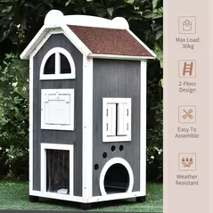 PawHut Wooden Cat House, Weatherproof Pet Shelter, Outdoor Cat Condos Cave, 2 Floor Furniture, Grey and White - 6