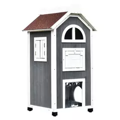 PawHut Wooden Cat House, Weatherproof Pet Shelter, Outdoor Cat Condos Cave, 2 Floor Furniture, Grey and White - 1