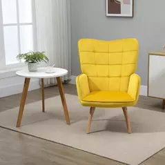 HOMCOM Modern Accent Chair, Upholstered Tufted Wingback Armchair with Seat Padding, Velvet Leisure Lounge Bedroom Chair with Wood Legs, Yellow - 6
