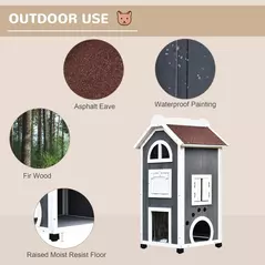 PawHut Wooden Cat House, Weatherproof Pet Shelter, Outdoor Cat Condos Cave, 2 Floor Furniture, Grey and White - 4