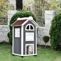 PawHut Wooden Cat House, Weatherproof Pet Shelter, Outdoor Cat Condos Cave, 2 Floor Furniture, Grey and White - 2