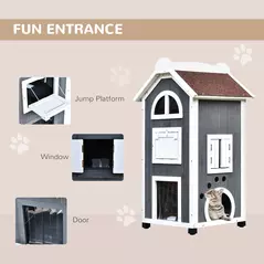 PawHut Wooden Cat House, Weatherproof Pet Shelter, Outdoor Cat Condos Cave, 2 Floor Furniture, Grey and White - 5