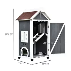 PawHut Wooden Cat House, Weatherproof Pet Shelter, Outdoor Cat Condos Cave, 2 Floor Furniture, Grey and White - 3