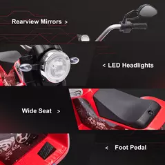 HOMCOM 6V Kids Electric Motorbike 3 Wheels Ride On Toy with Horn Headlights Realistic Sounds for Girl Boy 18 - 36 Months Red - 6