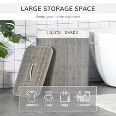 HOMCOM 100L Laundry Basket with Lid String Handles, 2 Section Collapsible Hamper Removable Lining Foldable Water-Resistant Dirty Clothes Storage, Grey - 4