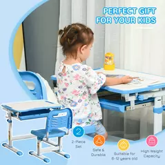 HOMCOM Kids Desk and Chair Set, Height Adjustable Student Writing Desk, Children School Study Table with Tiltable Desktop, Drawer, Pen Slot, Hook - Blue - 4