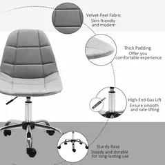 Vinsetto Ergonomic Office Chair with Adjustable Height and Wheels Velvet Executive Chair Armless for Home Study Bedroom Grey - 6