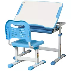HOMCOM Kids Desk and Chair Set, Height Adjustable Student Writing Desk, Children School Study Table with Tiltable Desktop, Drawer, Pen Slot, Hook - Blue - 1