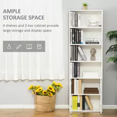 HOMCOM 6-Tier Tall Bookcase, Bookshelf with 4 Open Shelves and Double Door Storage Cabinet, Freestanding Display Rack for Living Room, Bedroom, Home Office, Study, 59 x 29 x 180cm, White - 6