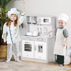 HOMCOM Kids Wooden Toy Kitchen Pretend Play Cooking Playset w/ Sound & Light Effect, Battery Operated Cooktop, Ice Machine, Marble Pattern Countertop, for 3-6 Years Old - 2