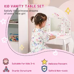 HOMCOM Kids Vanity Table and Chair Set with Tri-Folding Mirror and Stool, Makeup Dressing Table with Drawer, White - 4