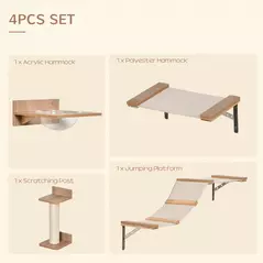 PawHut 4PCs Wall-mounted Cats Climbing Shelf Set Cat Tree Kitten Perch Activity Center with Hammock Scratching Post Jumping Platform Brown - 5