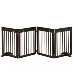 PawHut Freestanding Pet Gate 4 Panel Wooden Dog Barrier Folding Safety Fence with Support Feet up to 204cm Long 61cm Tall for Doorway Stairs Brown - 1