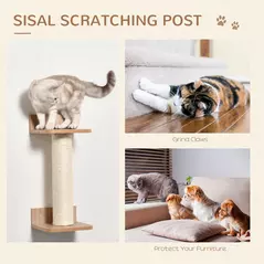 PawHut 4PCs Wall-mounted Cats Climbing Shelf Set Cat Tree Kitten Perch Activity Center with Hammock Scratching Post Jumping Platform Brown - 6
