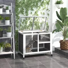 PawHut Wooden Rabbit Hutch Indoor with Wheels, Openable Roof, 91.5 x 53.3 x 73 cm, Grey - 2