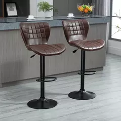 HOMCOM Bar Stools Set of 2 Adjustable Height Swivel Bar Chairs in PU Leather with Backrest & Footrest, Brown - 2