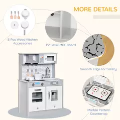 HOMCOM Kids Wooden Toy Kitchen Pretend Play Cooking Playset w/ Sound & Light Effect, Battery Operated Cooktop, Ice Machine, Marble Pattern Countertop, for 3-6 Years Old - 7