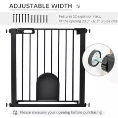 PawHut Dog Gate with Cat Flap Pet Safety Gate Barrier, Stair Pressure Fit, Auto Close, Double Locking, for Doorways, Hallways, 75-82 cm Black - 7