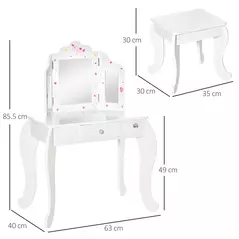 HOMCOM Kids Vanity Table and Chair Set with Tri-Folding Mirror and Stool, Makeup Dressing Table with Drawer, White - 3