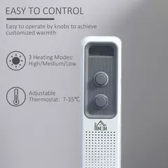 HOMCOM 1500W Oil Filled Radiator, Portable Electric Heater with 3 Heat Settings, Safety Cut-Off and Wheels, White - 5