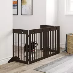 PawHut Freestanding Pet Gate 4 Panel Wooden Dog Barrier Folding Safety Fence with Support Feet up to 204cm Long 61cm Tall for Doorway Stairs Brown - 2
