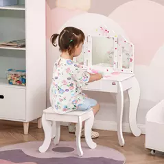 HOMCOM Kids Vanity Table and Chair Set with Tri-Folding Mirror and Stool, Makeup Dressing Table with Drawer, White - 2