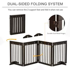 PawHut Freestanding Pet Gate 4 Panel Wooden Dog Barrier Folding Safety Fence with Support Feet up to 204cm Long 61cm Tall for Doorway Stairs Brown - 4