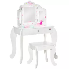 HOMCOM Kids Vanity Table and Chair Set with Tri-Folding Mirror and Stool, Makeup Dressing Table with Drawer, White - 1