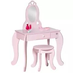 HOMCOM Kids Vanity Table & Stool Girls Dressing Set Make Up Desk Chair Dresser Play Set with Mirror Pink - 1