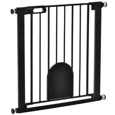PawHut Dog Gate with Cat Flap Pet Safety Gate Barrier, Stair Pressure Fit, Auto Close, Double Locking, for Doorways, Hallways, 75-82 cm Black - 1