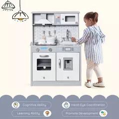 HOMCOM Kids Wooden Toy Kitchen Pretend Play Cooking Playset w/ Sound & Light Effect, Battery Operated Cooktop, Ice Machine, Marble Pattern Countertop, for 3-6 Years Old - 4