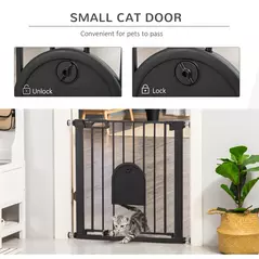 PawHut Dog Gate with Cat Flap Pet Safety Gate Barrier, Stair Pressure Fit, Auto Close, Double Locking, for Doorways, Hallways, 75-82 cm Black - 6