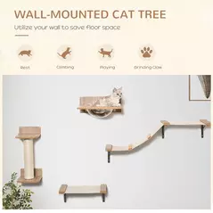 PawHut 4PCs Wall-mounted Cats Climbing Shelf Set Cat Tree Kitten Perch Activity Center with Hammock Scratching Post Jumping Platform Brown - 4