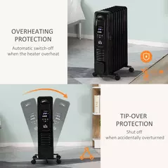 HOMCOM 2000W Digital Oil Filled Radiator, 9 Fin, Portable Electric Heater with LED Display, 24-Hour Timer, 3 Heat Settings, Safety Cut-Off and Remote Control, Black - 4