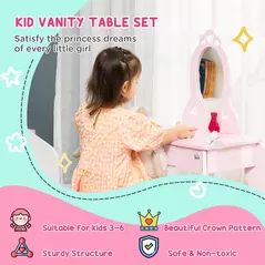 HOMCOM Kids Vanity Table & Stool Girls Dressing Set Make Up Desk Chair Dresser Play Set with Mirror Pink - 5