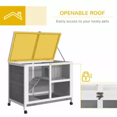 PawHut Wooden Rabbit Hutch Indoor with Wheels, Openable Roof, 91.5 x 53.3 x 73 cm, Grey - 5