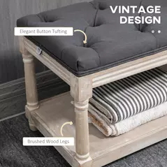 HOMCOM 2-Tier Bed End Bench, Vintage Stool, Wooden Window Seat with Storage Shelf, Button Tufted Upholstered Footstool for Living Room, Bedroom, Entryway, Grey - 4